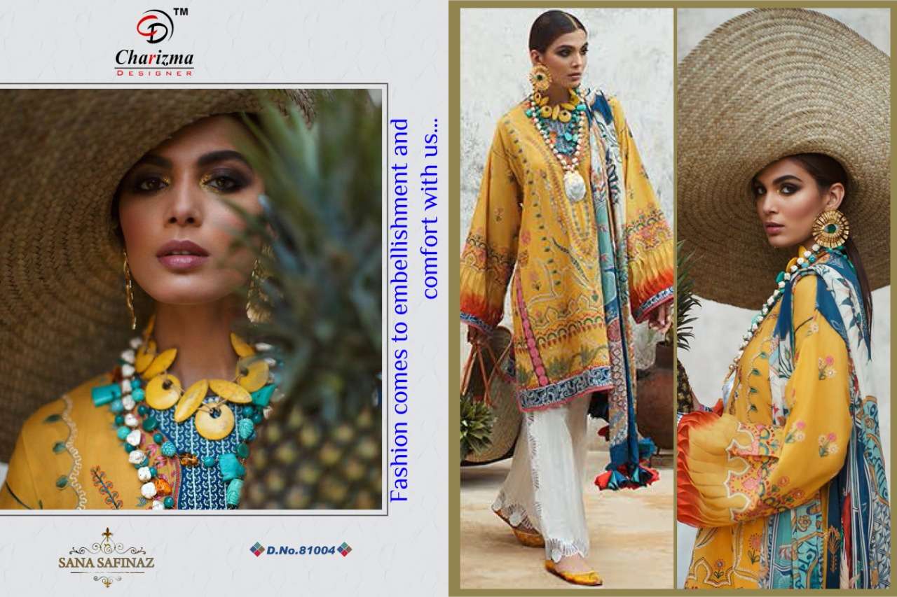 SANA SAFINAZ BY CHARIZAM DESIGNER 81001 TO 81007 SERIES BEAUTIFUL SUITS STYLISH FANCY COLORFUL PARTY WEAR & OCCASIONAL WEAR JAM COTTON WITH PATCH EMBROIDERY DRESSES AT WHOLESALE PRICE